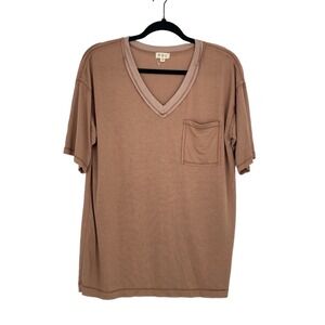 POL Women's Brown V-neck Short Sleeve Front Pocket Casual T-Shirt Tee Size Small